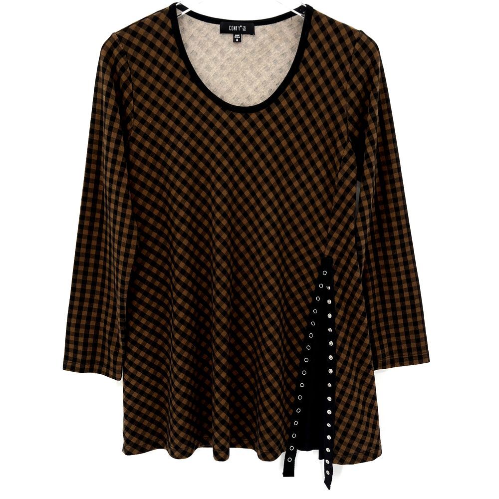 Comfy‎ USA Luella Tunic Size S Plaid Gingham Shirt Brown Black Long Sleeve Top